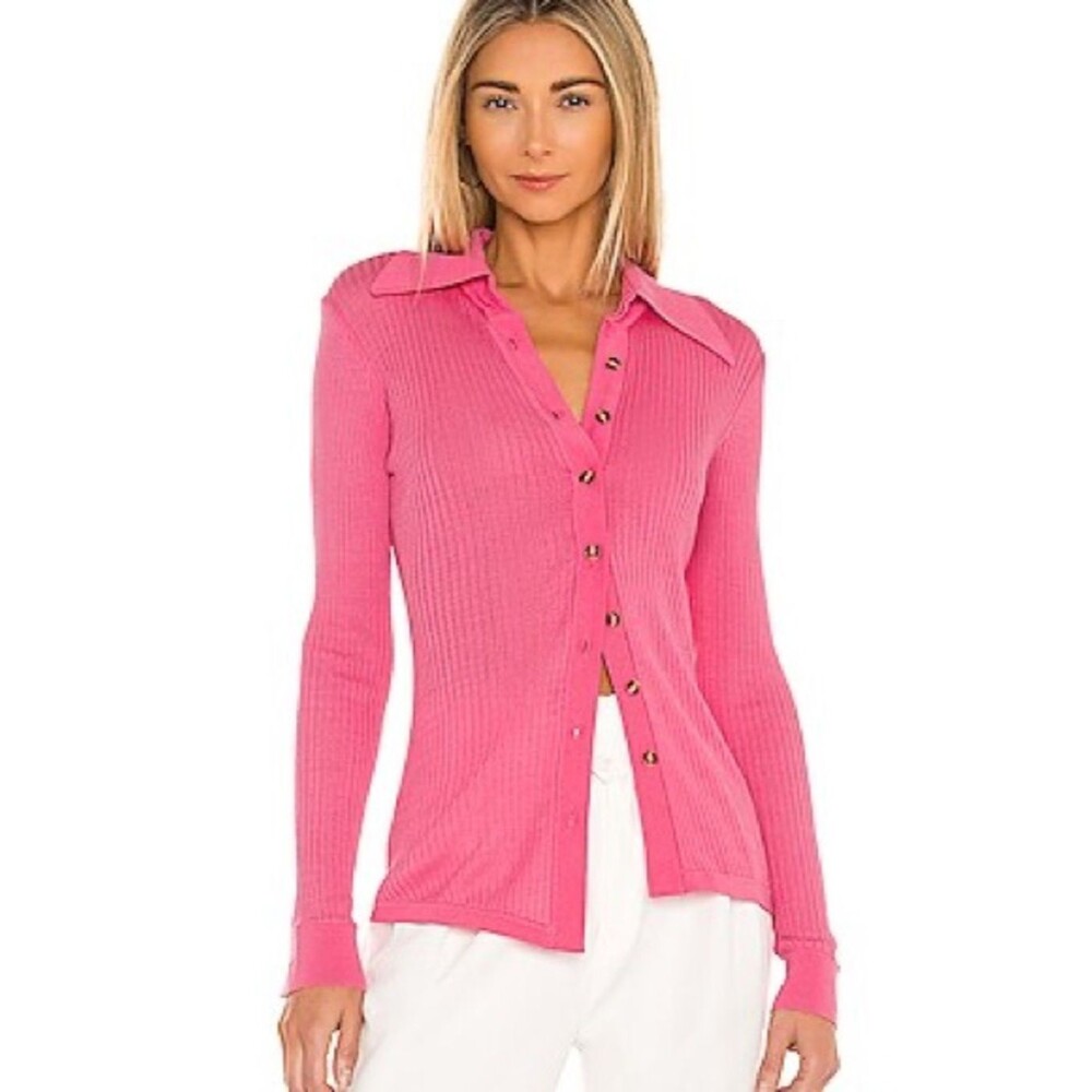 Free People Ribbed Semi Sheer Button Up Long Sleeve Top Pink Small